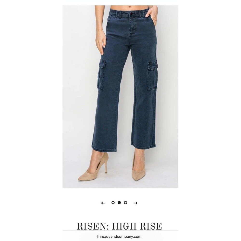 Risen Jeans 9/29 Cargo High Rise Navy Blue Stretch Denim Womens Jeans NWT